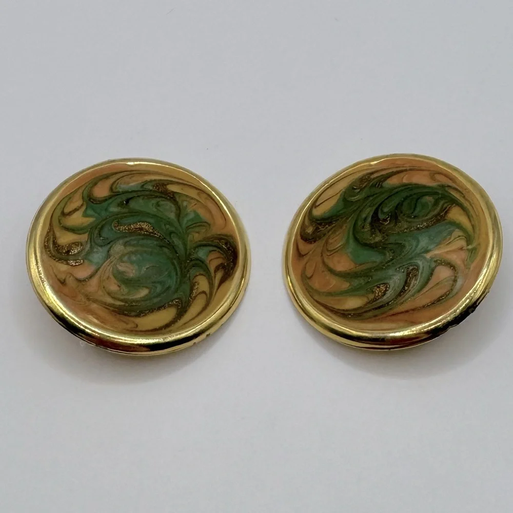 VINTAGE Large Round Marbled Enamel Earrings